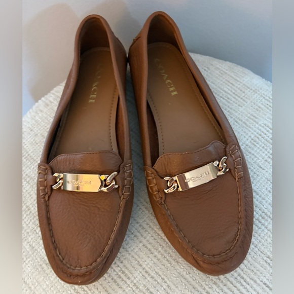 Coach Brown Leather Loafers Gold Logo Hardware Flats - Picture 3 of 5
